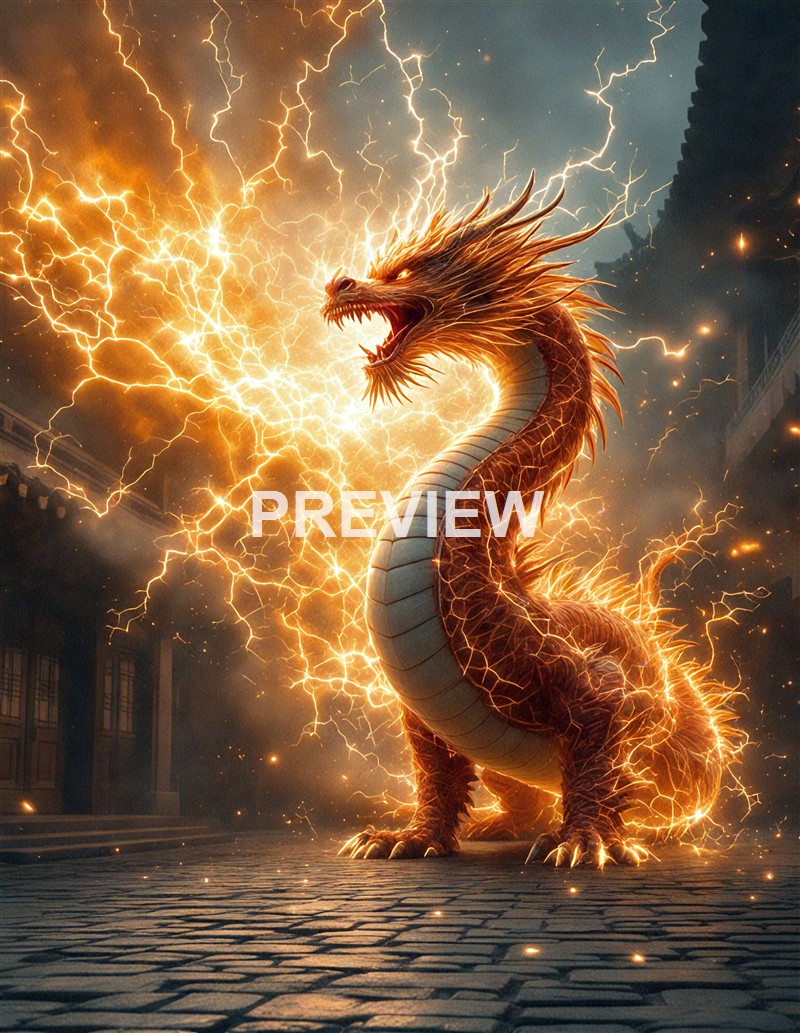 A fiery, dragon-like creature with a long, serpentine body, sharp teeth, and a roar, surrounded by lightning and flames in a dramatic scene.